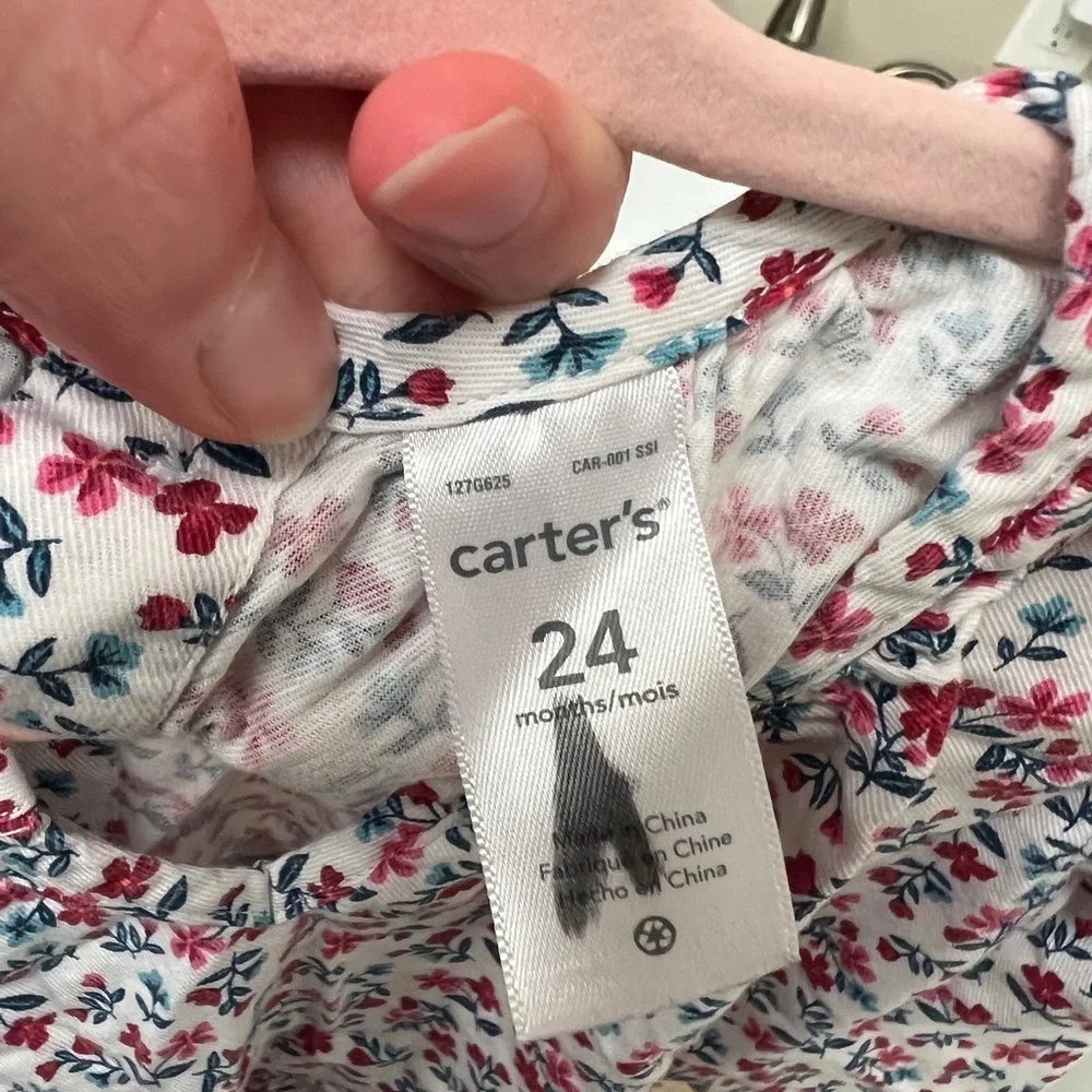 Carter’s 24M White Flowy Blouse with Red and Green Floral Pattern- Small Belt